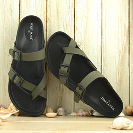 West Port Men's Cushion Sliders | PU Padded Footbed | Bounce Back Technology | Lightweight Flip Flops for Everyday Comfort (M-Aero-29-Olive)