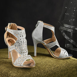Women Silver Partywear Embellished Stiletto Sandals (W-KI-04-SILVER)