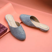 Women Blue Embellished Closed-Toe Mules (W-RST-122-BLUE)
