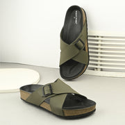 West Port Men's Cushion Sliders | PU Padded Footbed | Bounce Back Technology | Lightweight Flip Flops for Everyday Comfort (M-Aero-19-Olive)