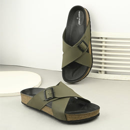 West Port Men's Cushion Sliders | PU Padded Footbed | Bounce Back Technology | Lightweight Flip Flops for Everyday Comfort (M-Aero-19-Olive)