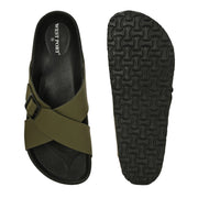West Port Men's Cushion Sliders | PU Padded Footbed | Bounce Back Technology | Lightweight Flip Flops for Everyday Comfort (M-Aero-19-Olive)