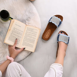 Women Denim Fringe Cork Slides (W-UV-03-NAVYBLUE)