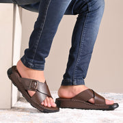 West Port Men Premium Leather Cross-Strap Casual Sandals with Comfort Footbed (M-MF-05-BROWN)