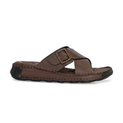 West Port Men Premium Leather Cross-Strap Casual Sandals with Comfort Footbed (M-MF-05-BROWN)