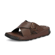 West Port Men Premium Leather Cross-Strap Casual Sandals with Comfort Footbed (M-MF-05-BROWN)