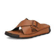 West Port Men Premium Leather Cross-Strap Casual Sandals with Comfort Footbed (M-MF-05-TAN)