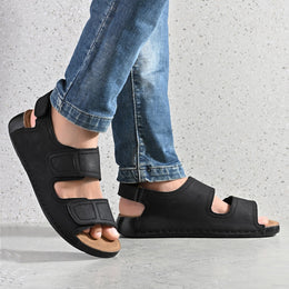 West Port Men Genuine Leather Dual Adjustable Straps Sandals (M-WW-07-BLACK)