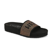 West Port Women Black Gold Embellished Comfort Slide Sandals (W-STARDUST-10-BLACK-GOLD)
