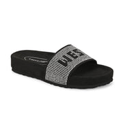 West Port Women Black Silver Embellished Comfort Slide Sandals (W-STARDUST-10-BLACK-SILVER)