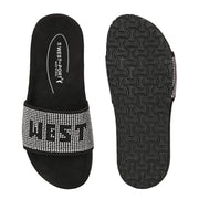 West Port Women Black Silver Embellished Comfort Slide Sandals (W-STARDUST-10-BLACK-SILVER)