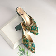 Women Ethnic Embellished Block Heel Mules (W-KI-07-GREEN)