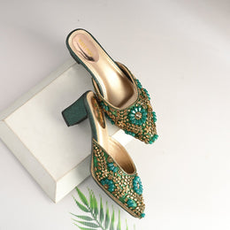 Women Ethnic Embellished Block Heel Mules (W-KI-07-GREEN)