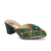 Women Ethnic Embellished Block Heel Mules (W-KI-07-GREEN)