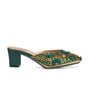 Women Ethnic Embellished Block Heel Mules (W-KI-07-GREEN)