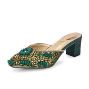 Women Ethnic Embellished Block Heel Mules (W-KI-07-GREEN)