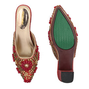 Women Ethnic Embellished Block Heel Mules (W-KI-07-MEHROON)