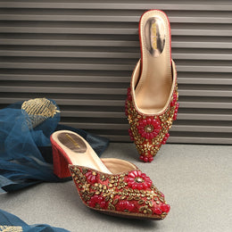 Women Ethnic Embellished Block Heel Mules (W-KI-07-MEHROON)