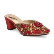 Women Ethnic Embellished Block Heel Mules (W-KI-07-MEHROON)