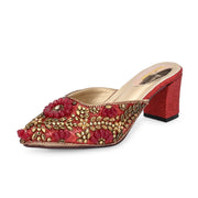 Women Ethnic Embellished Block Heel Mules (W-KI-07-MEHROON)