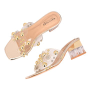 Women Transparent Gold Studded Block Heels (W-RST-121-GOLD)