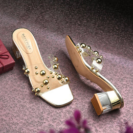Women Transparent Gold Studded Block Heels (W-RST-121-GOLD)