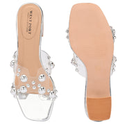 Women Transparent Silver Studded Block Heels (W-RST-121-SILVER)