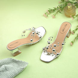 Women Transparent Silver Studded Block Heels (W-RST-121-SILVER)