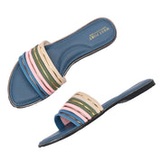 Women Multi-Color Strap Flat Slides – Blue Base (W-RST-123-BLUE-MULTI)