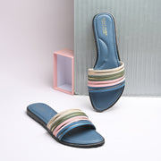 Women Multi-Color Strap Flat Slides – Blue Base (W-RST-123-BLUE-MULTI)