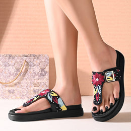 West Port Women Embroidered Toe-Ring Comfort Sandals (W-SHI-130-BLACK)