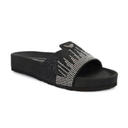 West Port Women Black Embellished Comfort Slide Sandals (W-STARDUST-20-BLACK-MULTI)