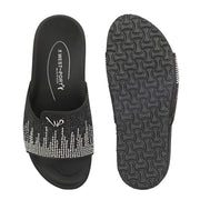 West Port Women Black Embellished Comfort Slide Sandals (W-STARDUST-20-BLACK-MULTI)