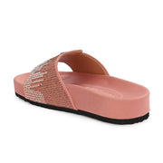 West Port Women Pink Embellished Comfort Slide Sandals (W-STARDUST-20-PINK-MULTI)