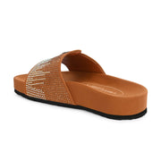 West Port Women Tan Embellished Comfort Slide Sandals (W-STARDUST-20-TAN-MULTI)