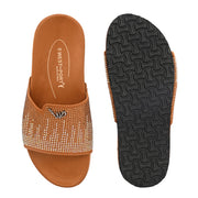 West Port Women Tan Embellished Comfort Slide Sandals (W-STARDUST-20-TAN-MULTI)