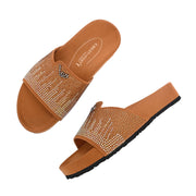 West Port Women Tan Embellished Comfort Slide Sandals (W-STARDUST-20-TAN-MULTI)
