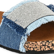 Women Denim Fringe Cork Slides (W-UV-03-NAVYBLUE)