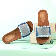 Women Denim Fringe Cork Slides (W-UV-03-NAVYBLUE)