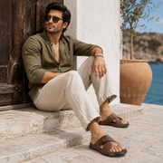 West Port Men Premium Leather Cross-Strap Casual Sandals with Comfort Footbed (M-MF-05-BROWN)