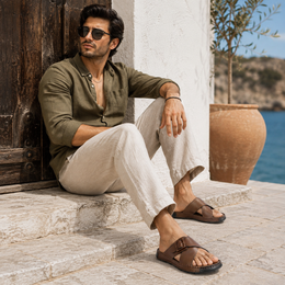 West Port Men Premium Leather Cross-Strap Casual Sandals with Comfort Footbed (M-MF-05-BROWN)