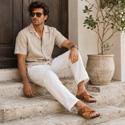 West Port Men Premium Leather Cross-Strap Casual Sandals with Comfort Footbed (M-MF-05-TAN)