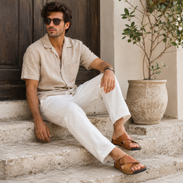West Port Men Premium Leather Cross-Strap Casual Sandals with Comfort Footbed (M-MF-05-TAN)